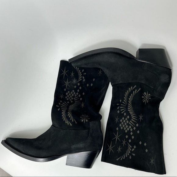 Free People Moon&Back Slouch Western Print Pointy Toe Black Suede Boots Size 36 - Picture 4 of 10